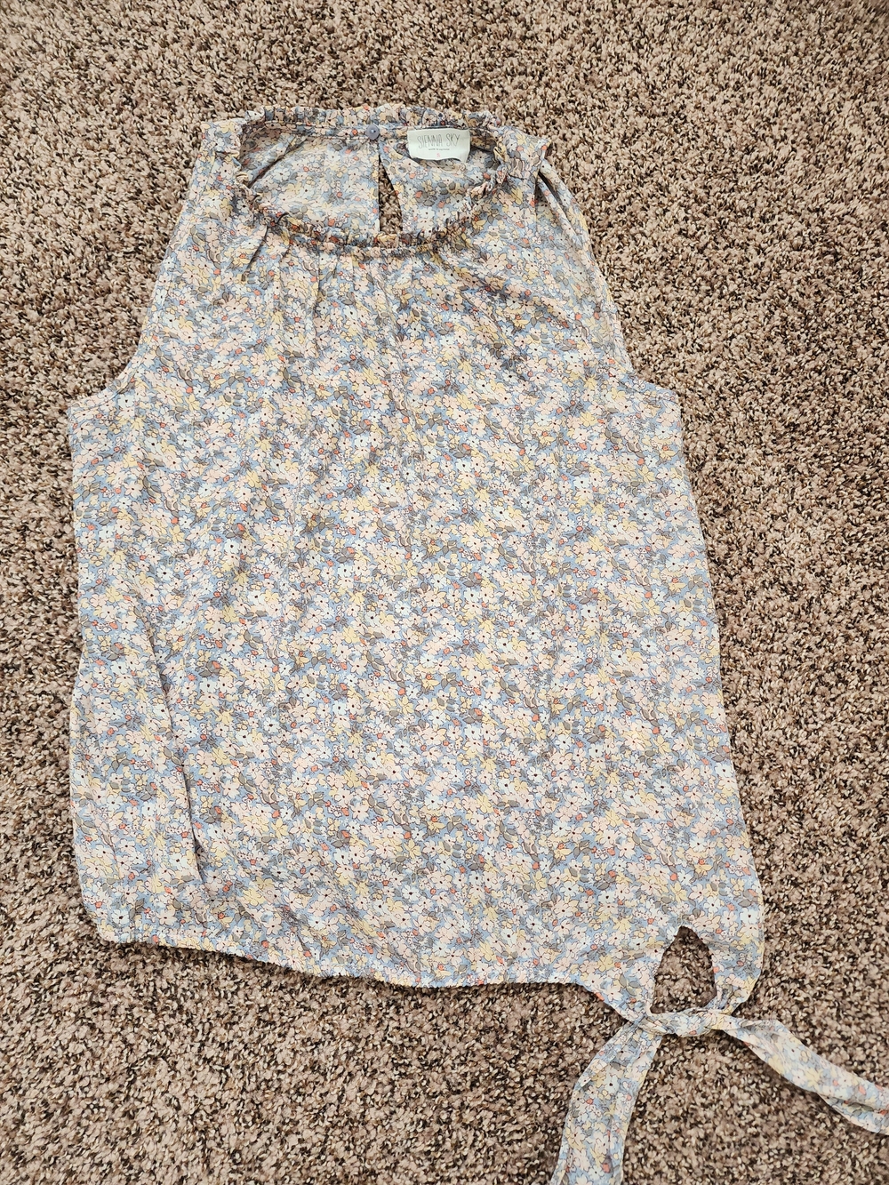 Sienna Sky Blue Floral Tie-Hem Sleeveless Blouse